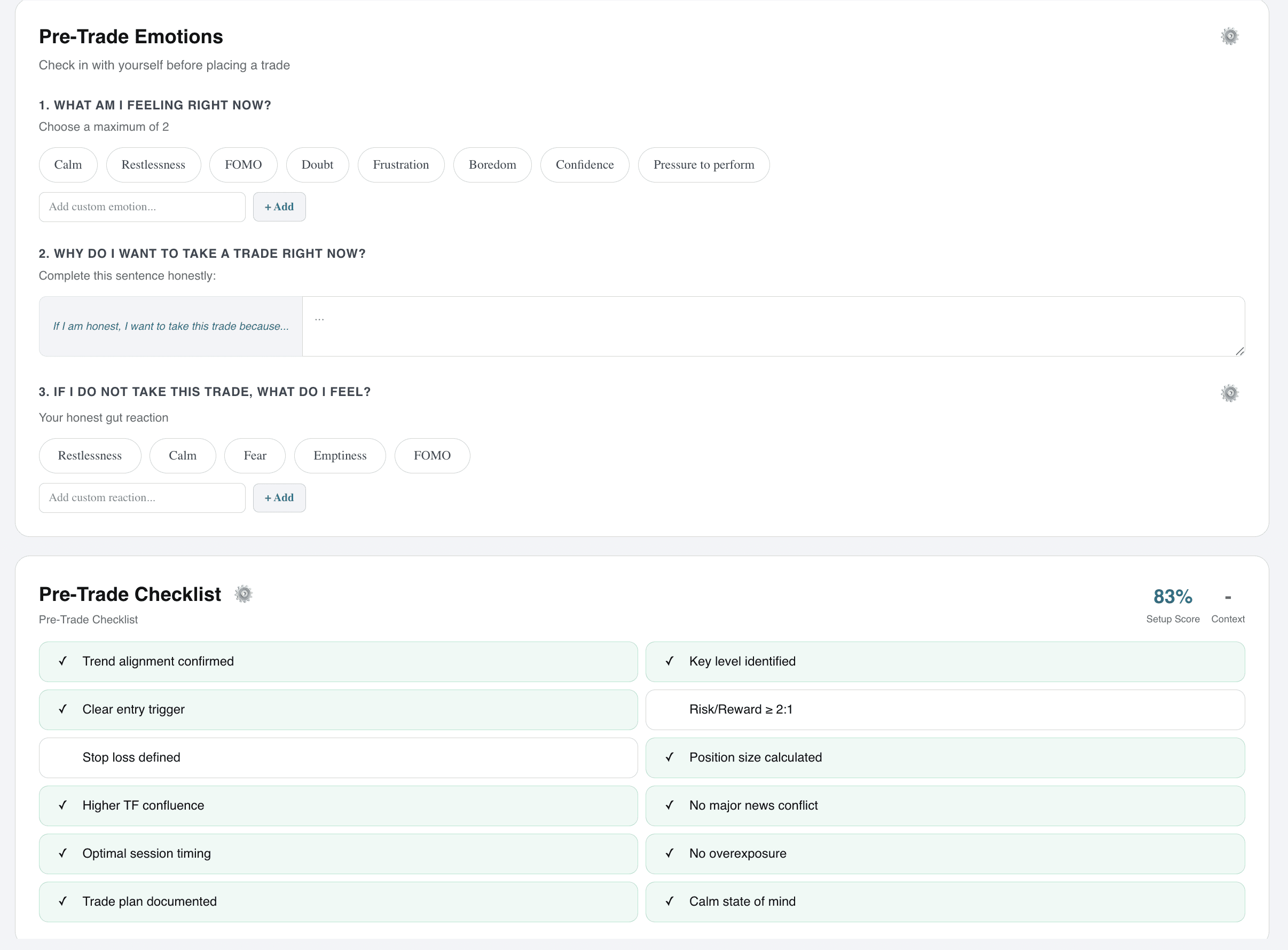 Pre-trade checklist and emotion tracking